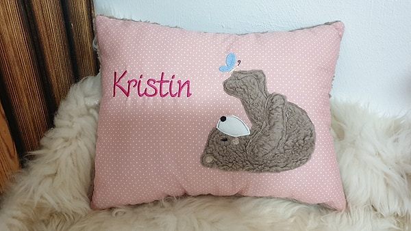 Kissen Taufkissen Bär Teddy Schmetterling rosa Punkte & Wunschnamen W786
