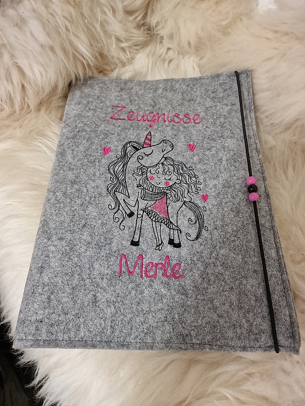 Zeugnismappe Einhorn Mädchen pink Wollfilz mit Namen W117