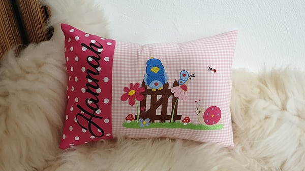 Kissen Vogel Vögelchen auf dem Zaun pink rosa & Wunschnamen W1292