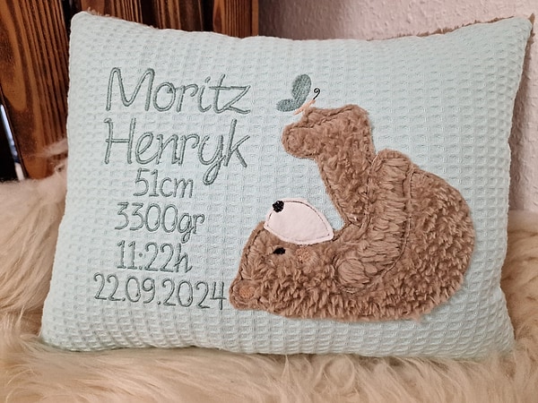 Kissen Taufkissen Bär Teddy Schmetterling mint Waffel Schrift mint & Wunschnamen W1135