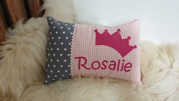 Kissen Geburtskissen Krone gr Sterne grau rosa & Wunschnamen W1257