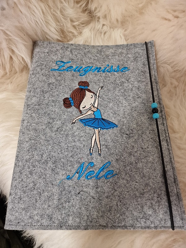 Zeugnismappe Ballerina Mädchen türkis Wollfilz grau mit Namen W97
