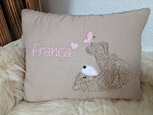Kissen Taufkissen Bär Teddy Schmetterling beige (hell) Punkte & Wunschnamen W780