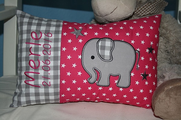Kissen Elefant Karo grau Sterne pink & Wunschnamen W1183