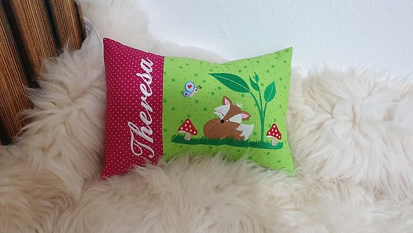 Kissen Fuchs Punkte pink Blümchen grün & Wunschnamen W1216