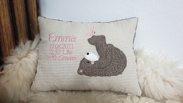 Kissen Taufkissen Bär Teddy Schmetterling beige Karo & Wunschnamen W1367