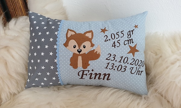 Kissen Geburtskissen Fuchs Sterne grau Punkte hellblau & Wunschnamen W724