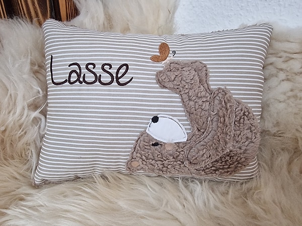 Kissen Taufkissen Bär Teddy Schmetterling beige Streifen & Wunschnamen W716