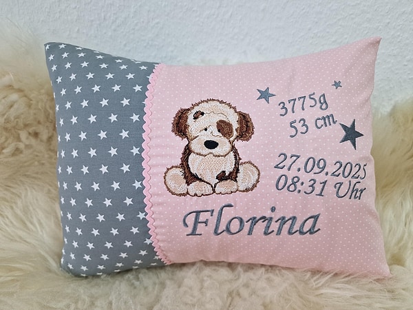 Kissen Geburtskissen Hund Sterne grau Punkte rosa & Wunschnamen W1756