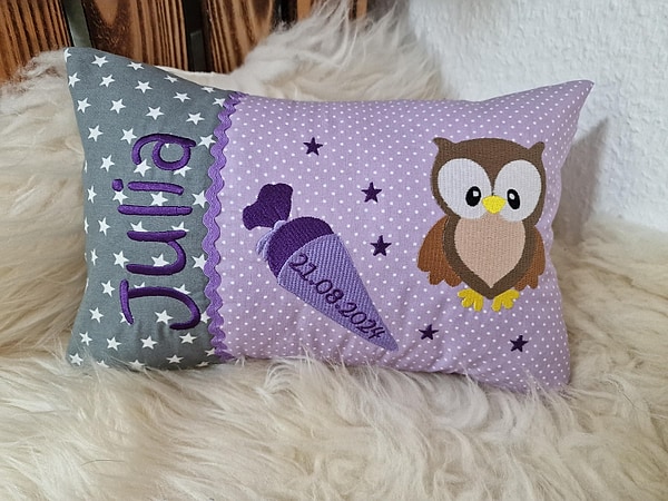 Kissen Schultüte Eule Einschulung grau flieder & Wunschnamen W737