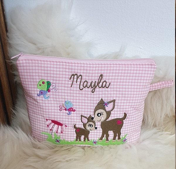 Windeltasche Kulturtasche Rehe Reh rosa auf der Wiese mit Namen W167
