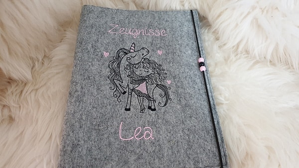 Zeugnismappe Mädchen Einhorn rosa Wollfilz mit Namen W101