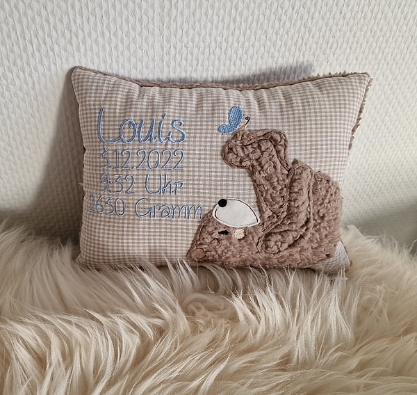 Kissen Taufkissen Bär Teddy Schmetterling beige Karo & Wunschnamen W719