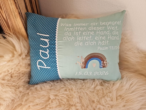 Taufkissen Kissen Taufspruch Spruch Regenbogen Punkte petrol uni mint & Wunschnamen W1786