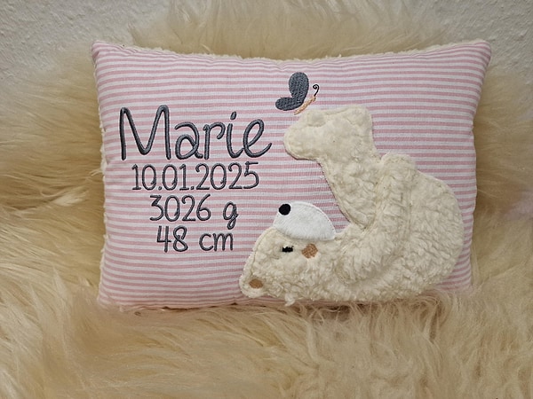 Kissen Taufkissen Eisbär Teddy Schmetterling Streifen rosa graue Schrift & Wunschnamen W1509