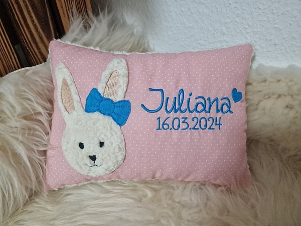 Kissen Taufkissen Hase Hasenmädchen Schrift türkis rosa Punkte & Wunschnamen W782