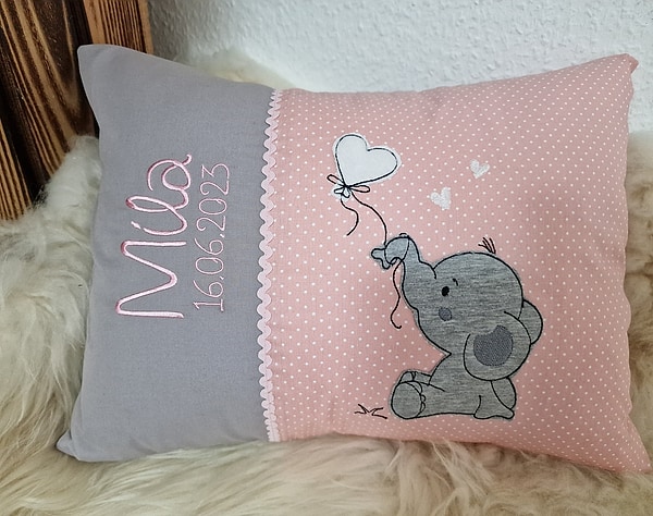 Kissen Elefant Herz uni grau rosa Punkte & Wunschnamen W772
