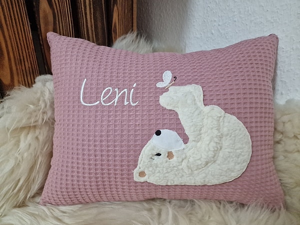 Kissen Taufkissen Bär Teddy Eisbär Schmetterling altrosa Waffel & Wunschnamen W723