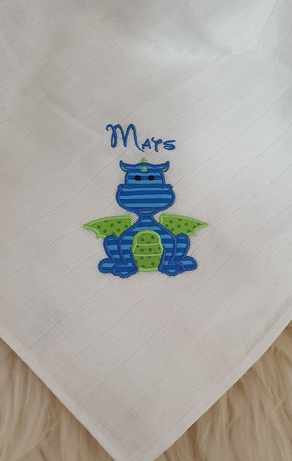 Mullwindel Spucktuch Drache blau grün mit Namen W256