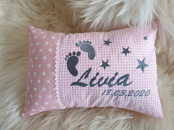 Kissen Geburtskissen Sterne rosa rosa Karo & Wunschnamen W1237