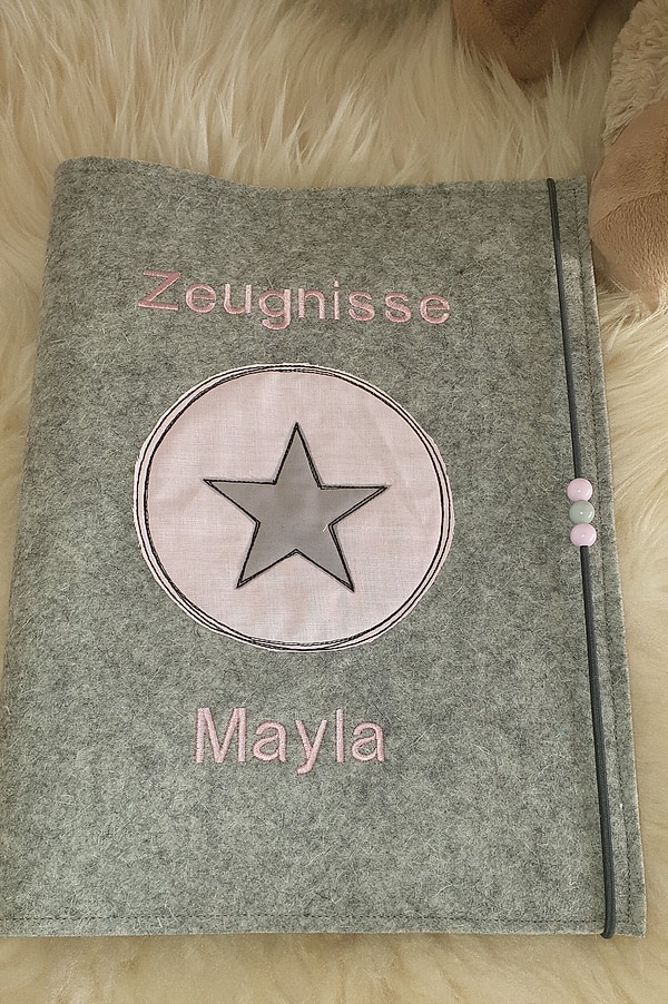 Zeugnismappe Stern im Kreis rosa grau mit Namen W1481