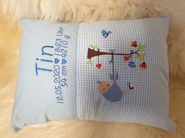 Kissen Baby Junge Windel Ast hellblaue Punkte & Wunschnamen W1444
