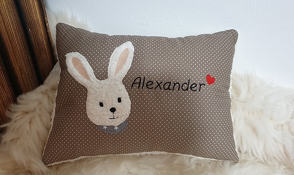 Kissen Taufkissen Hase Punkte beige dunkel & Wunschnamen W1014