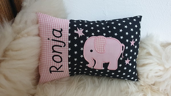 Kissen Elefant Karo rosa Sterne schwarz & Wunschnamen W981