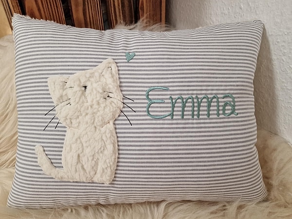 Kissen Taufkissen Katze Kätzchen Streifen grau Schrift mint & Wunschnamen W1460