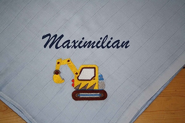 Mullwindel Spucktuch Bagger hellblau mit Namen W280