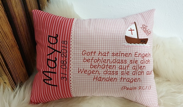 Taufkissen Kissen Taufspruch Spruch Boot Streifen Karo rosa & Wunschnamen W1109