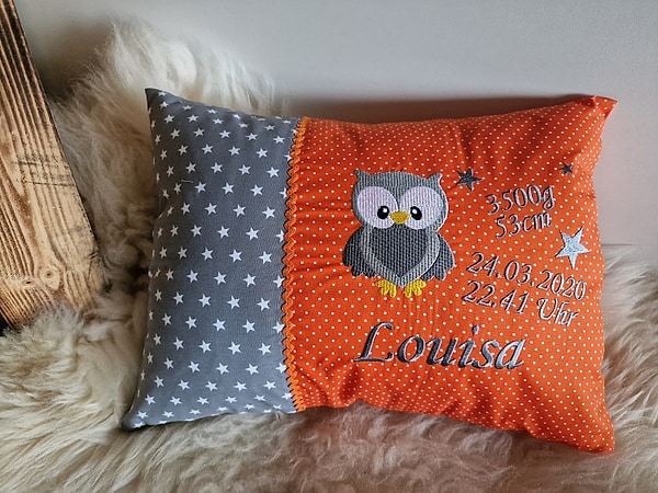 Kissen Geburtskissen Eule orange & Wunschnamen W1370