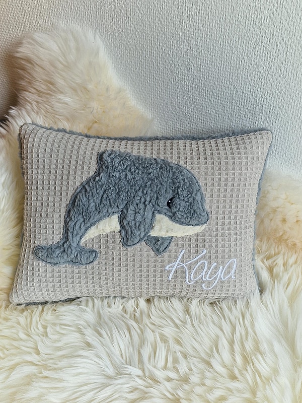 Kissen Taufkissen Delfin hellbeige Waffel & Wunschnamen W1831