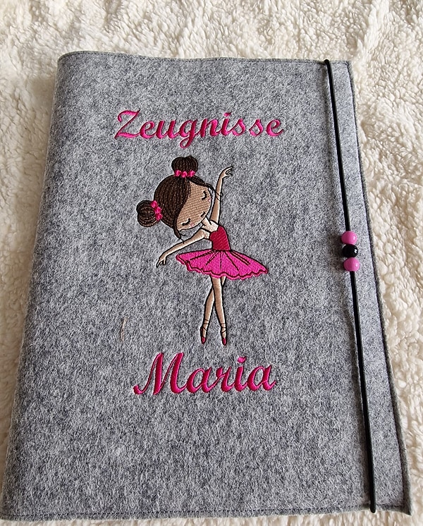 Zeugnismappe Ballerina Mädchen pink Wollfilz grau mit Namen W122