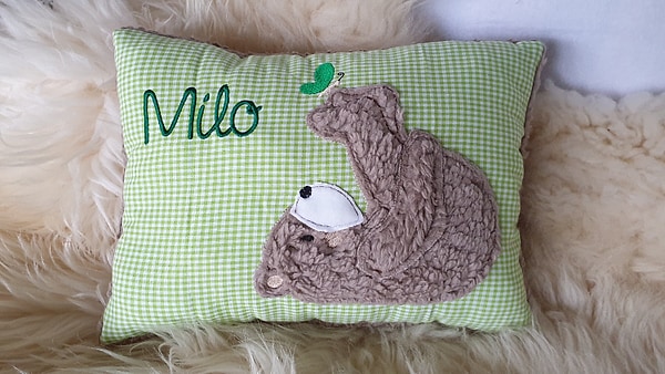 Kissen Taufkissen Bär Teddy Schmetterling grün Karo & Wunschnamen W1297