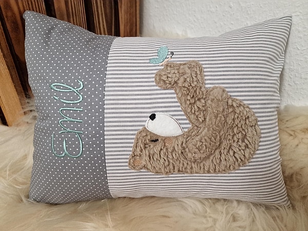 Kissen Taufkissen Bär Teddy Schmetterling Punkte Streifen grau Schrift mint 2tl & Wunschnamen W1532