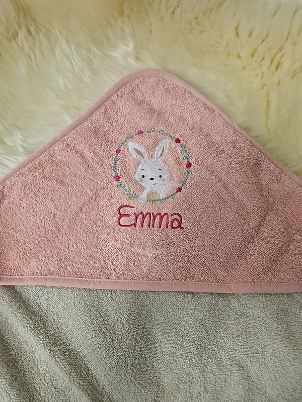 Babybadetuch Kapuzenhandtuch Hase rosa greige & Wunschname W1995