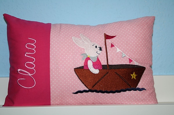 Kissen Hase im Boot pink rosa Punkte & Wunschnamen W1325