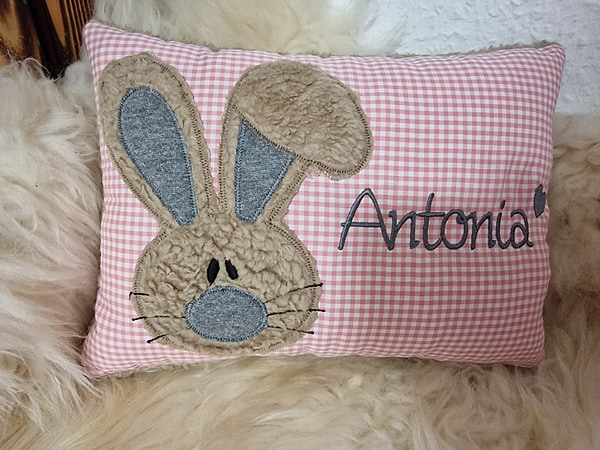 Kissen Taufkissen Hase Osterhase Häschen Schlappohr Karo altrosa & Wunschnamen W1213