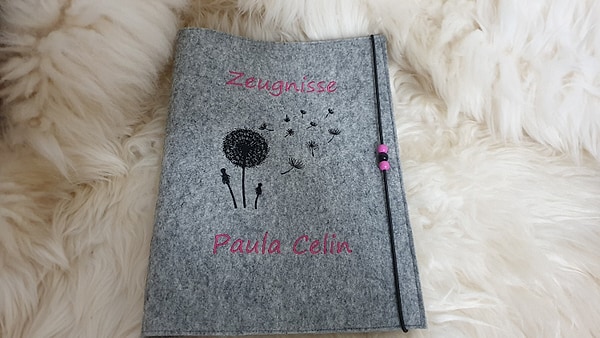 Zeugnismappe Pusteblume schwarz pink Wollfilz mit Namen W107