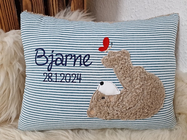 Kissen Taufkissen Bär Teddy Schmetterling Streifen petrol & Wunschnamen W1040
