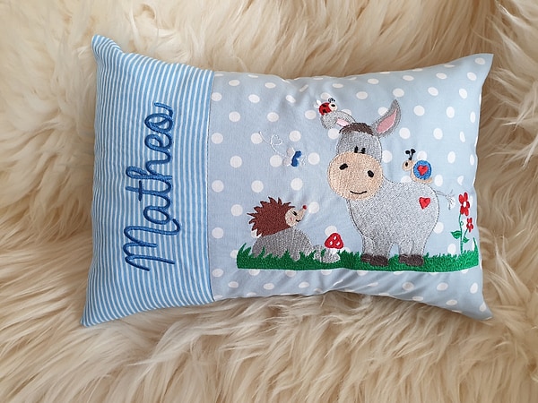 Kissen Esel mit Igelchen hellblau & Wunschnamen W1288