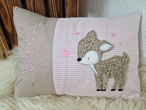 Kissen Taufkissen Reh Herzchen Streifen rosa 2tl & Wunschnamen W739