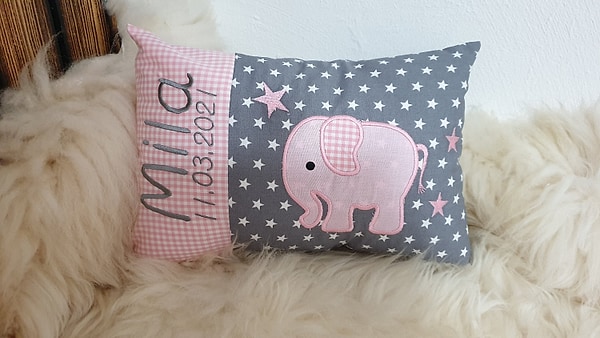 Kissen Elefant rosa grau & Wunschnamen W916