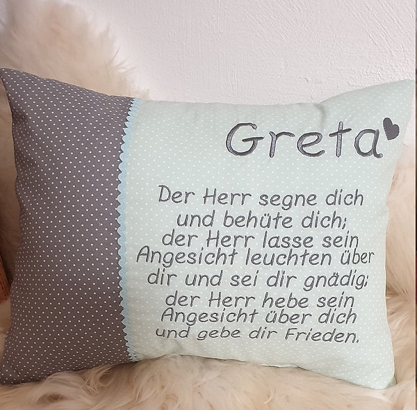 Taufkissen Kissen Taufspruch Spruch Herz Punkte grau mint & Wunschnamen W1339