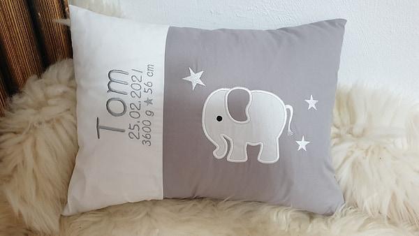 Kissen Elefant weiß grau & Wunschnamen W1143