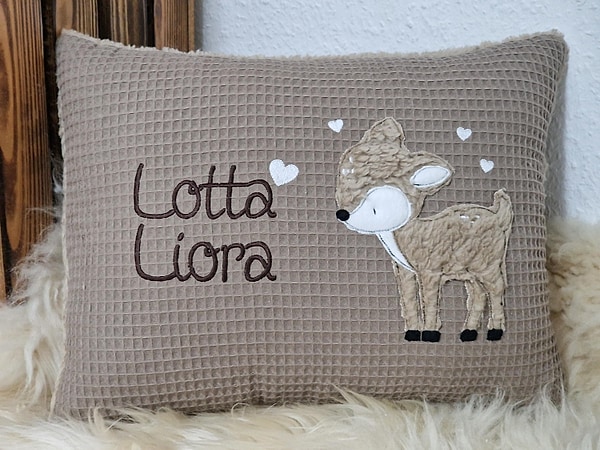 Kissen Taufkissen Reh Kitz Waffel beige & Wunschnamen W1581