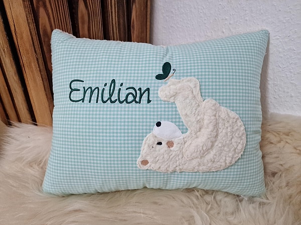 Kissen Taufkissen Bär Eisbär Teddy Schmetterling mint Karo & Wunschnamen W1536
