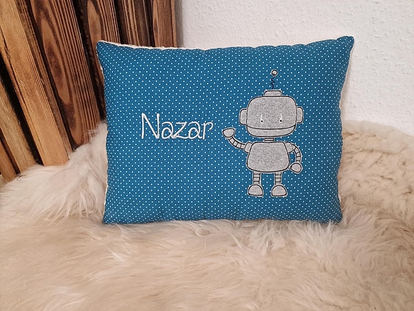 Kissen Taufkissen Roboter petrol Punkte & Wunschnamen W1682