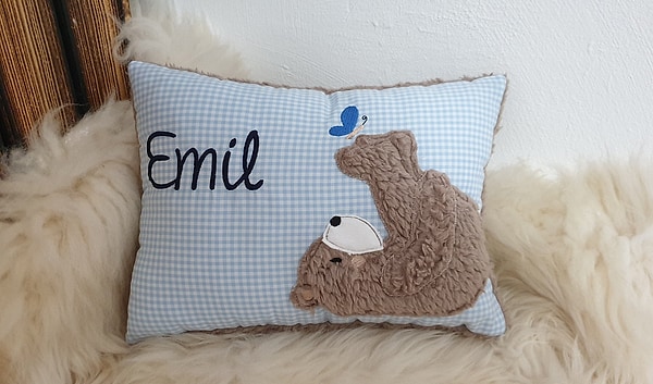 Kissen Taufkissen Bär Teddy Schmetterling blau Karo & Wunschnamen W754